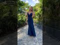 Elegant long shiny dress with a neckline and leg slit - dark blue with glitter