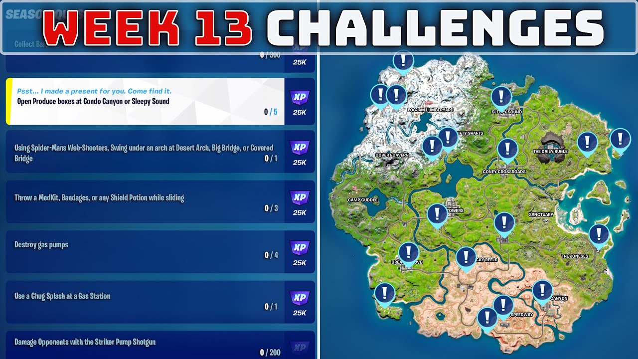 FORTNITE CHALLENGES WEEK 13! Arch Swinging, Produce Boxes, Gas Stations
