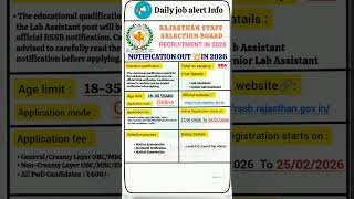 Rajasthan Staff Selection Board (RSSB)Recruitment 2026|DAILY JOB ALERTS|DAILY JOB ALERT INFO|#shorts