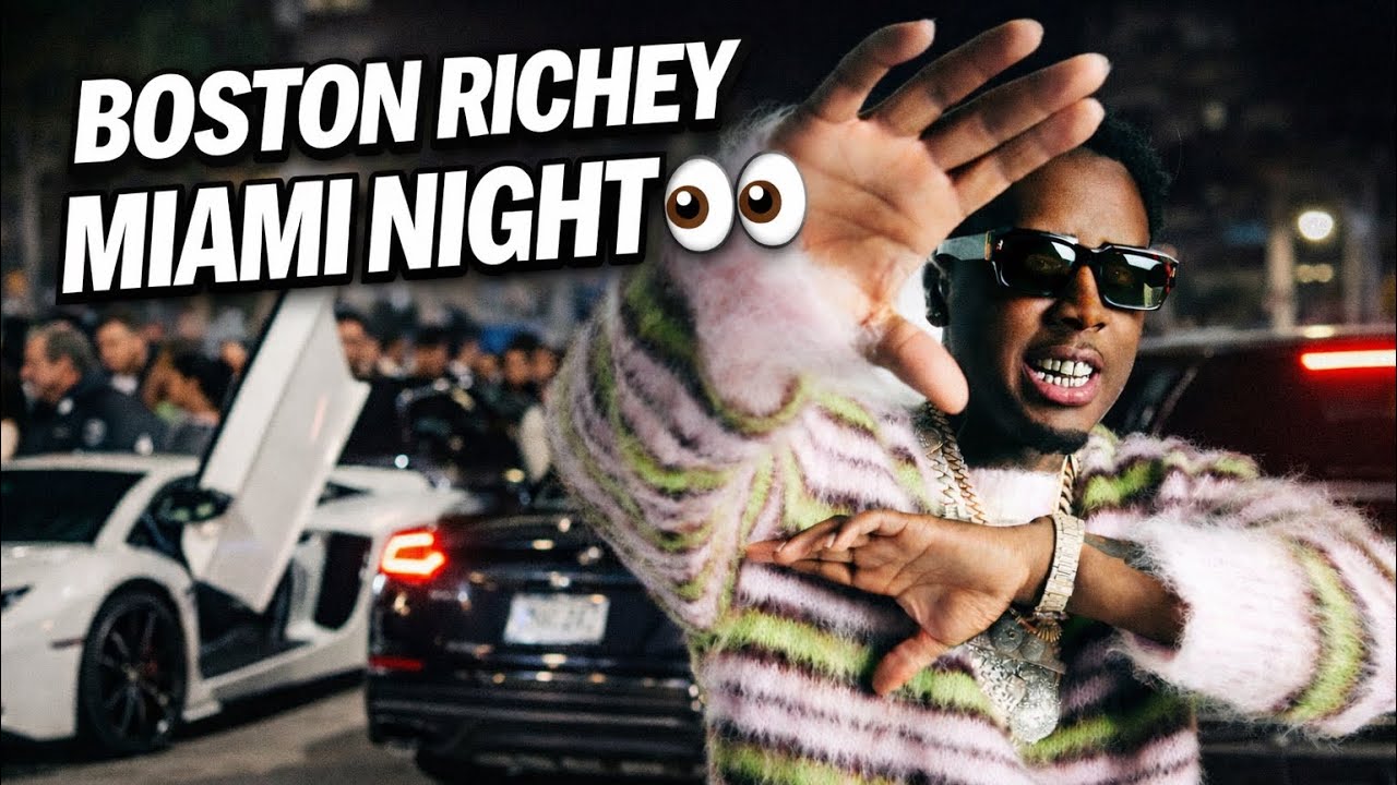 Boston Richey leaving the club in Miami with exotic cars outside.