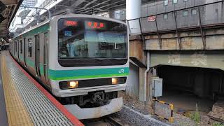 E231系0番台マト106編成＋マト122編成が快速上野行きとして日暮里駅3番線から発車するシーン（1650H）2025.03.27