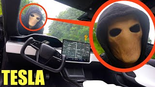 crazy masked man picks the wrong Tesla at the wrong time, (Tesla is smarter)