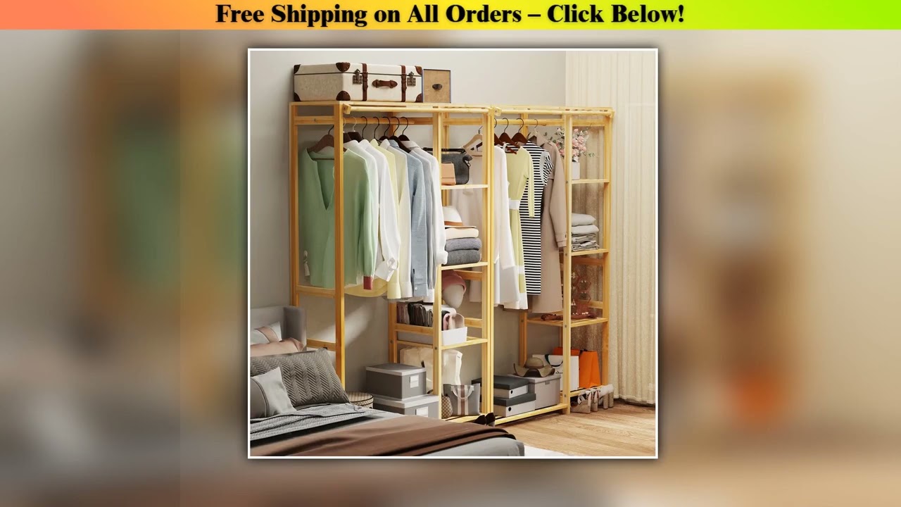 6 Tier Bamboo Garment Rack Open Wardrobe Closet Stand Storage Shelves with Hanging Cover Clothing