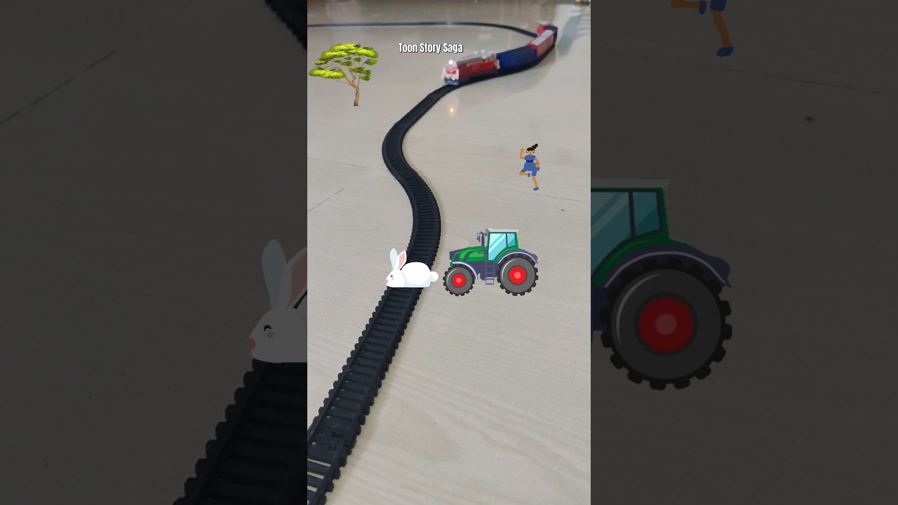 The Tractor is crossing the railway track near the rabbit and the train is approaching fast | 🐇 🚜 🚂