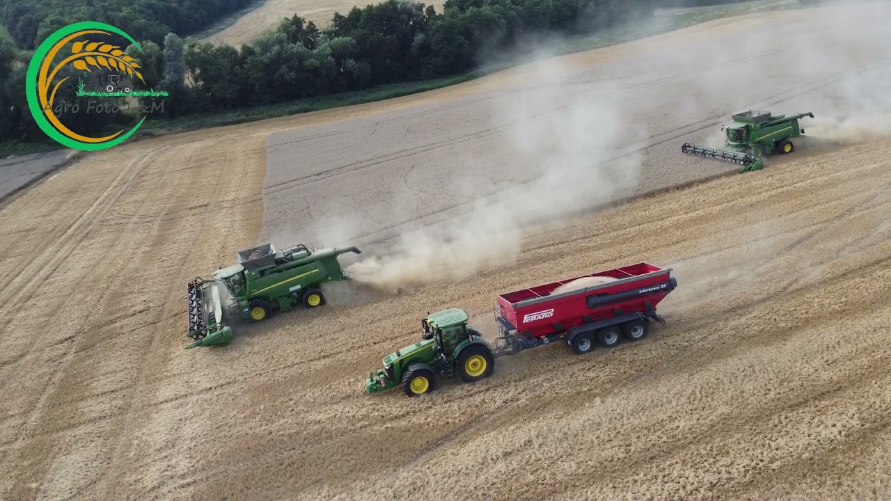 5x John Deere T670i // JD 8370R / JD 8320 R /// Žatva Pšenica AGROK Topolčianky 2021
