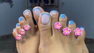 Acrylic toe tutorial | Acrylic toes with no tips/forms | Blue denim inspired + nail art