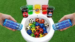 Football VS Popular Sodas !! Pepsi, Coca Cola, Fanta, Sprite, Schweppes and Mentos in the toilet