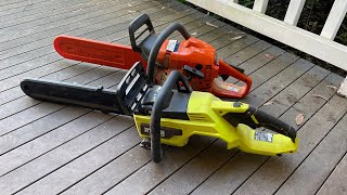 Ryobi 36 Volt HP Brushless Chainsaw Demonstration and Review. 18 inch Brushless with 6 Ah Battery