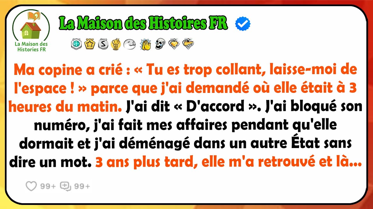 Elle m'a hurlé dessus à 3h du matin parce que j'avais osé lui demander où elle était. « Tu es trop collant, laisse-moi respirer ! » Alors j'ai fait mes valises pendant qu'elle dormait et j'ai...