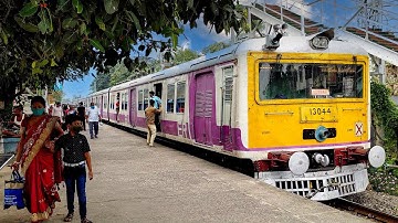 Beautiful Yellow face Purple body EMU local train enter & exit with furious speed