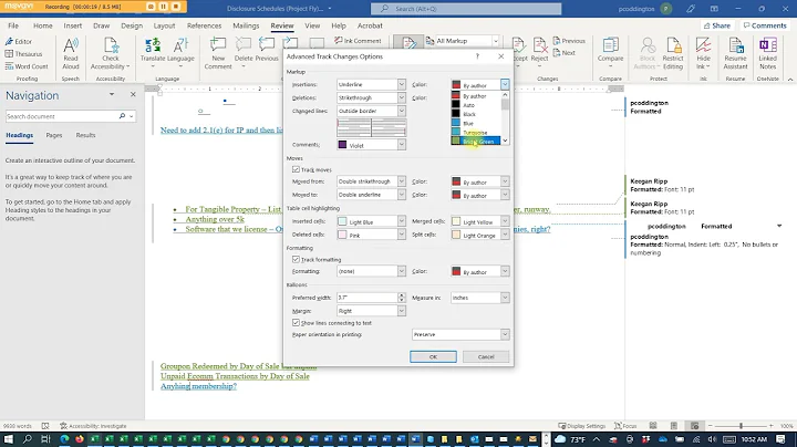 track changes different color for each person makeing changes