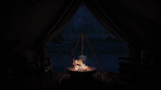 Ocean Waves Sounds for Sleeping | Rainstorm, Crackling Campfire Sounds & Rain sounds on Tent