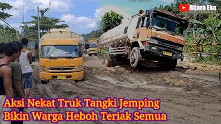 The reckless action of a jumping tank truck makes residents scream excitedly