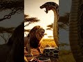 The great lion king has a fierce face, attacking and killing the giant pythons of prehistoric times.