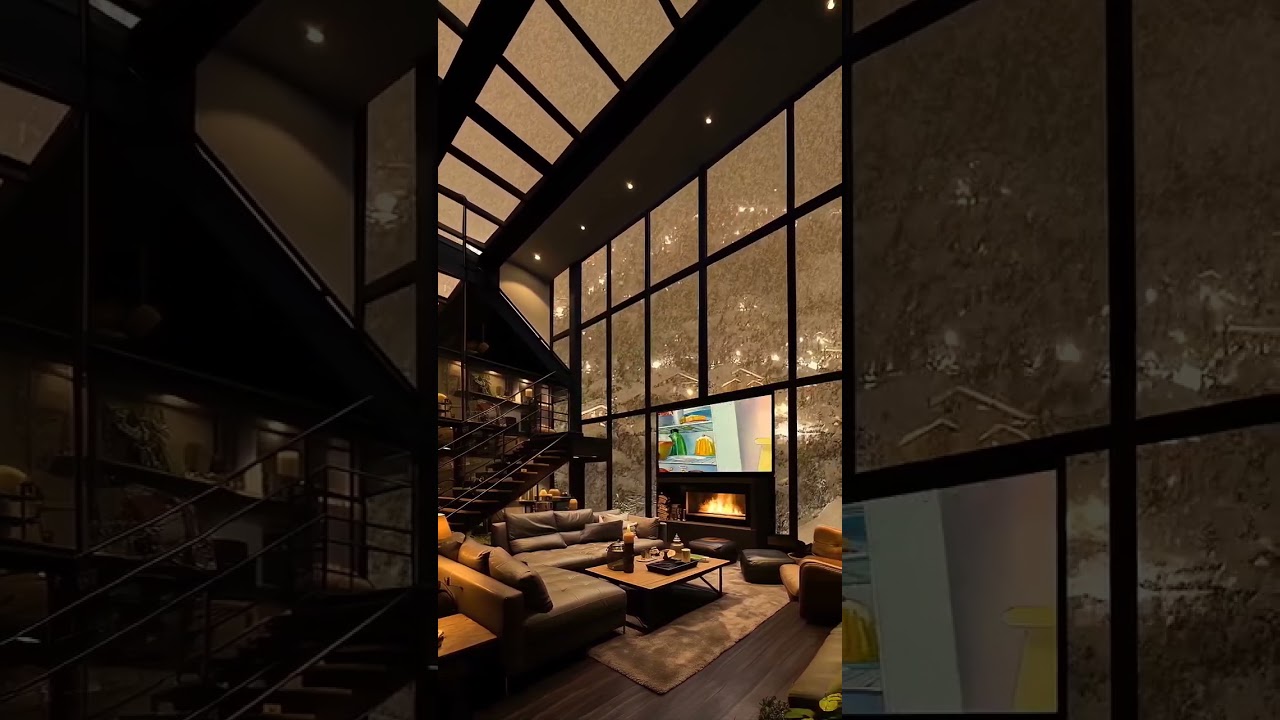 A wonderful winter cabin, overlooking the snow. The warmth of the fire radiates through the winter.