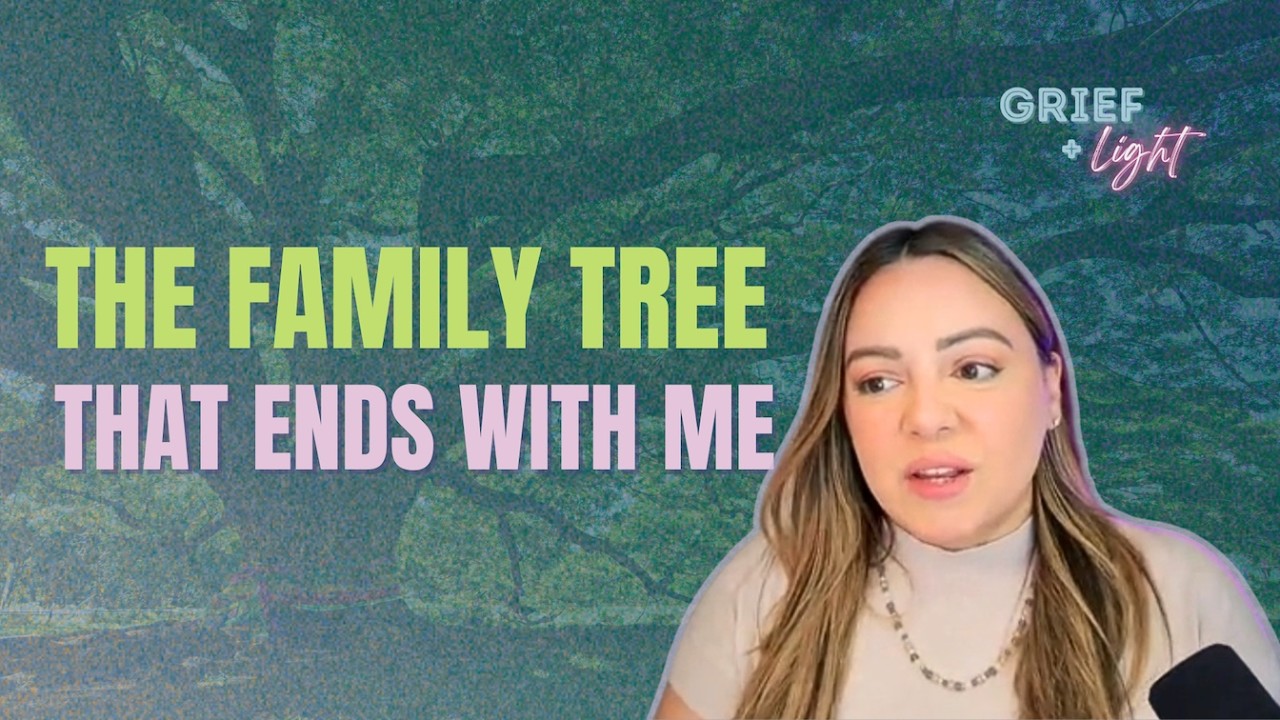 cover image of woman looking to the side. grief and light logo. words in large font "the family tree that ends with me"