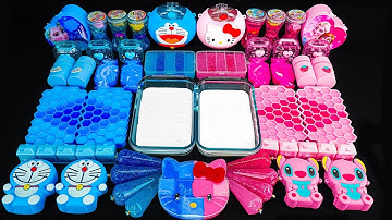 BLUE DORAEMON and PINK HELLO KITTY ✨ Mixing random into Glossy Slime I Satisfying Slime 💗
