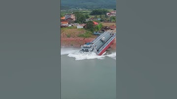Aerial view of a barge being launched