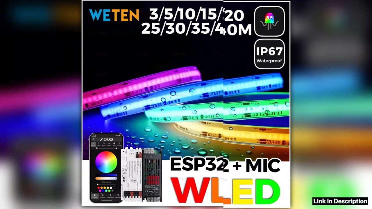 Waterproof WLED Controller ESP32 RGBIC COB LED Strip Light Tape Kit Music Sync Work with Alexa 24V