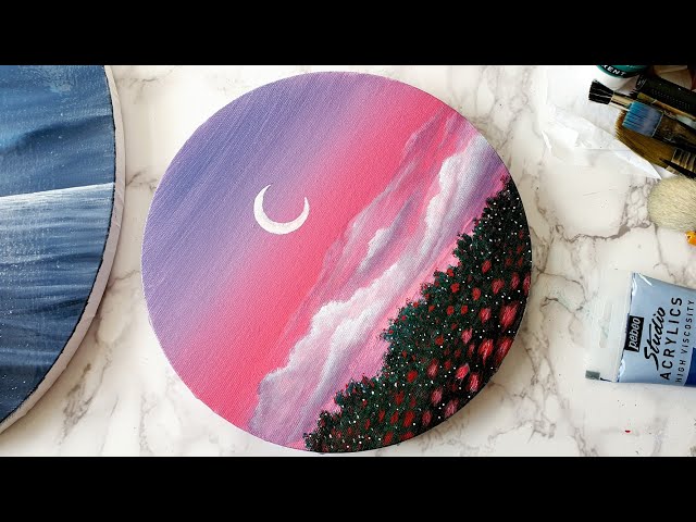 How To Paint “ENCHANTED EVENING” 💜 LANDSCAPE acrylic/painting tutorial/ ROUND  CANVAS 