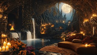 Enchanted Cave by the Waterfalls 🌕✨| Relaxing Campfire, Waterfalls, Candles & Tranquil Castle Night screenshot 5