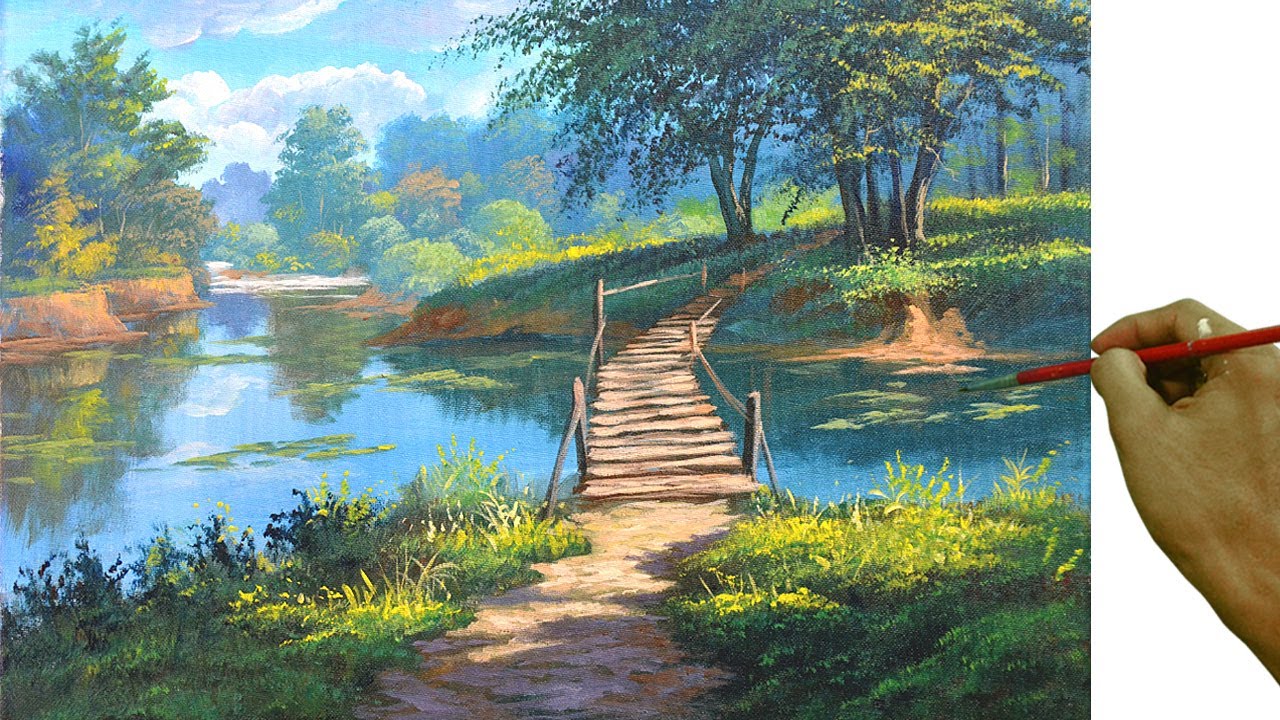 Acrylic Landscape Painting Lesson / Wooden Bridge On The River