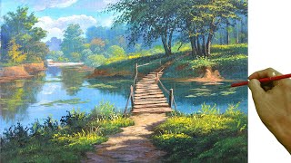 Acrylic Landscape Painting Lesson / Wooden Bridge on the River