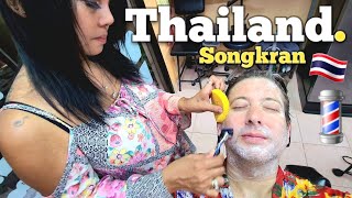 💈LADY BARBER NANA Shaves me during Pattaya Songkran Water Festival 2024 🇹🇭 (Unintentional ASMR)