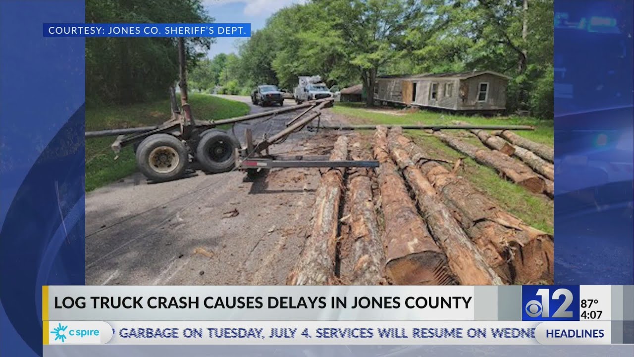 Log truck crash causes delays on Jones County road - YouTube