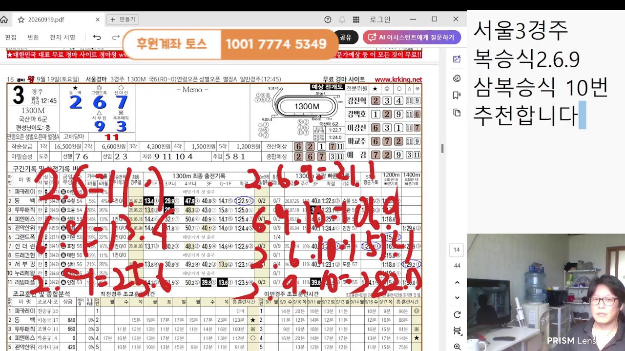 9월19일 토요일 서울 부산 제주 영천 경마예상 분석 방송  고배당 인생배당 도전하자~