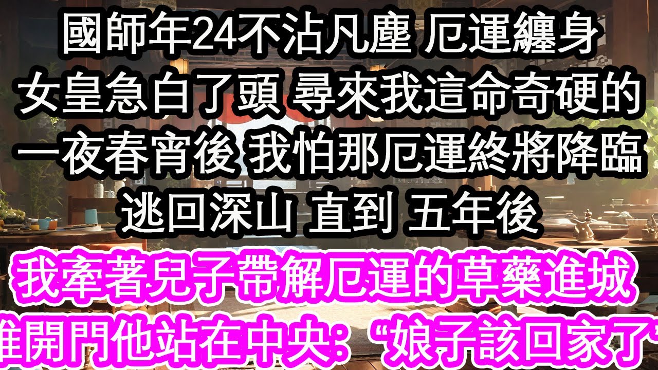 國師年24不沾凡塵 厄運纏身女皇急白了頭 尋來我這命奇硬的一夜春宵後 我怕那厄運終將降臨逃回深山 直到 五年後 我牽著兒子帶解厄運的草藥進城推開門他站在中央：“娘子該回家了”【花開】【愛情】【生活】