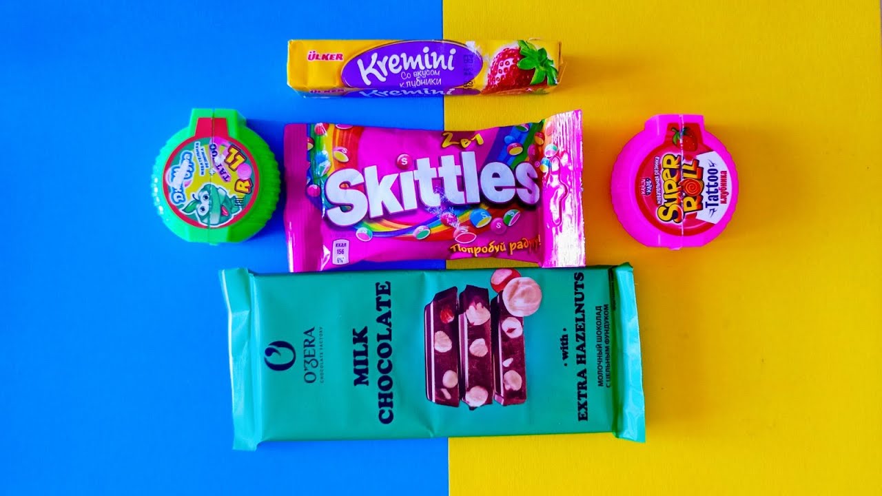 Unpacking ASMR SWEETS- Super Roll Chewing Gum, Cremini and Skittles ...