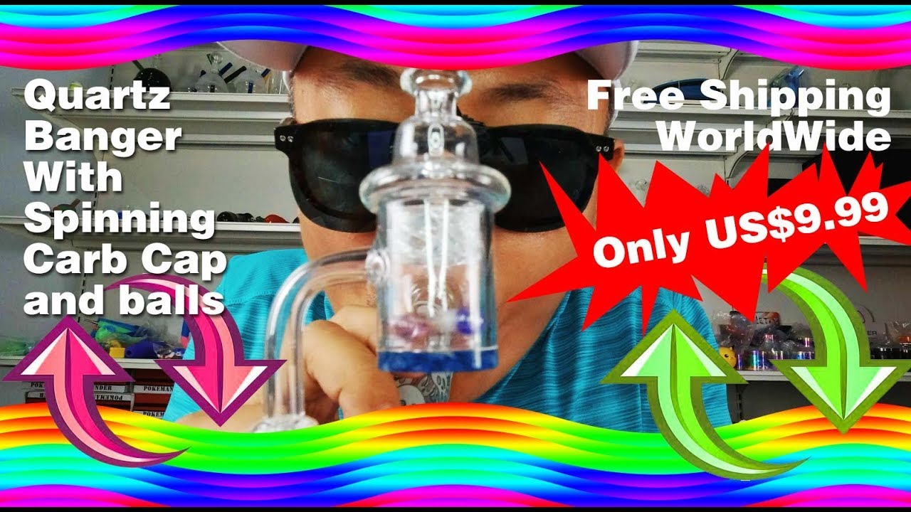 Blue Bottom Quartz Banger With Spinner Carb Cap and Terp Pearl Ball 