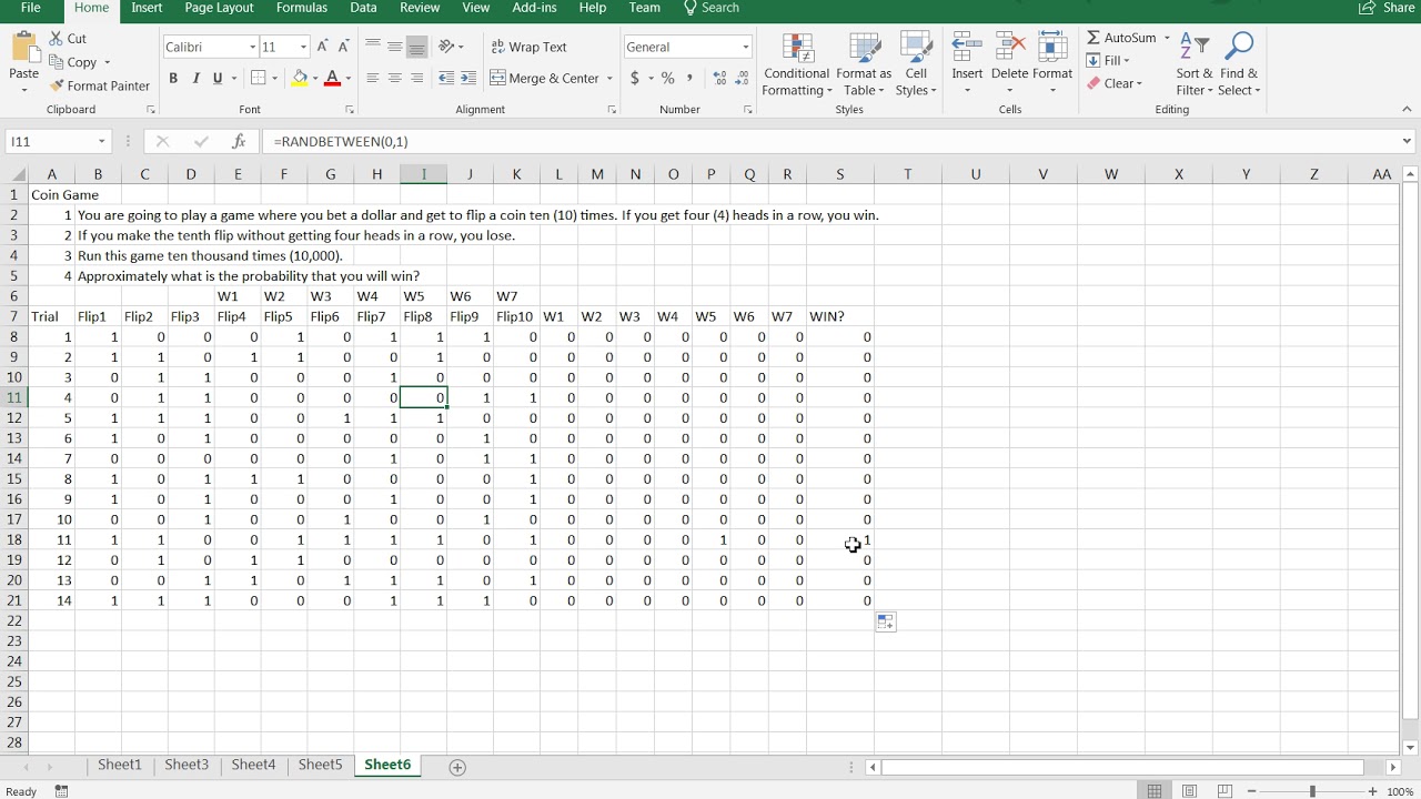 Coin Flipping gambling game Excel Solution - Tutorial