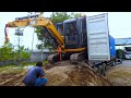 Unloading Mini Excavator From The Container And Transported With Self Loader Truck