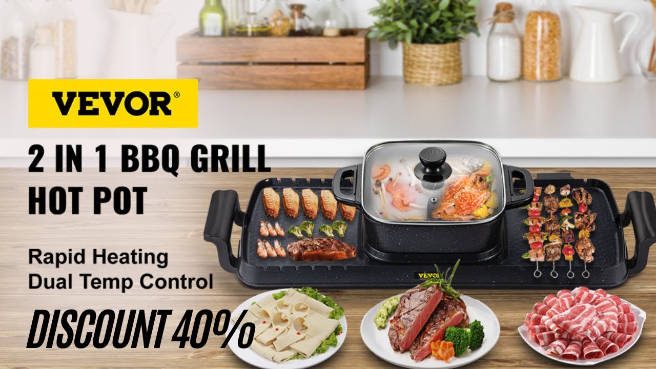 VEVOR 2-in-1-Electric Grill and Hot Pot Foldable BBQ Pan Grill