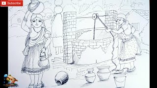 Village girl drawing,Scenery drawing of rural life composition,pen sketch