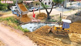 Full Video completed delete pit by small dump truck 5ton & dozer komatsu D20A pushing rock soil