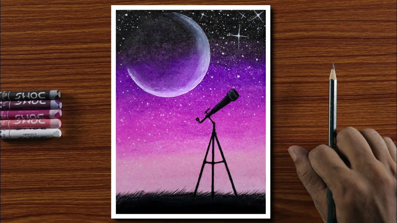 Easy Drawing for Beginners with Oil Pastels - Half Moon and Telescope Night  - Step by Step