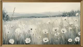 Vintage White Wildflower Meadow | Soft Neutral Landscape Painting | TV Frame Art | 4K Art screenshot 1
