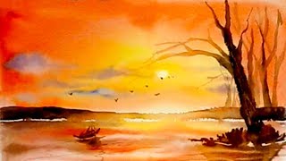 sunset painting watercolor simple orange lakeside paintingvalley