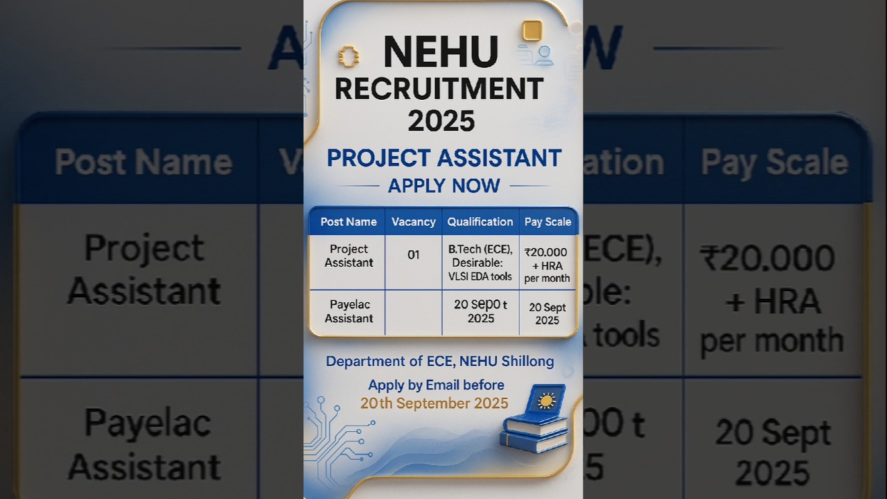👍NEHU Recruitment 2025 |📌 Project Assistant Vacancy 