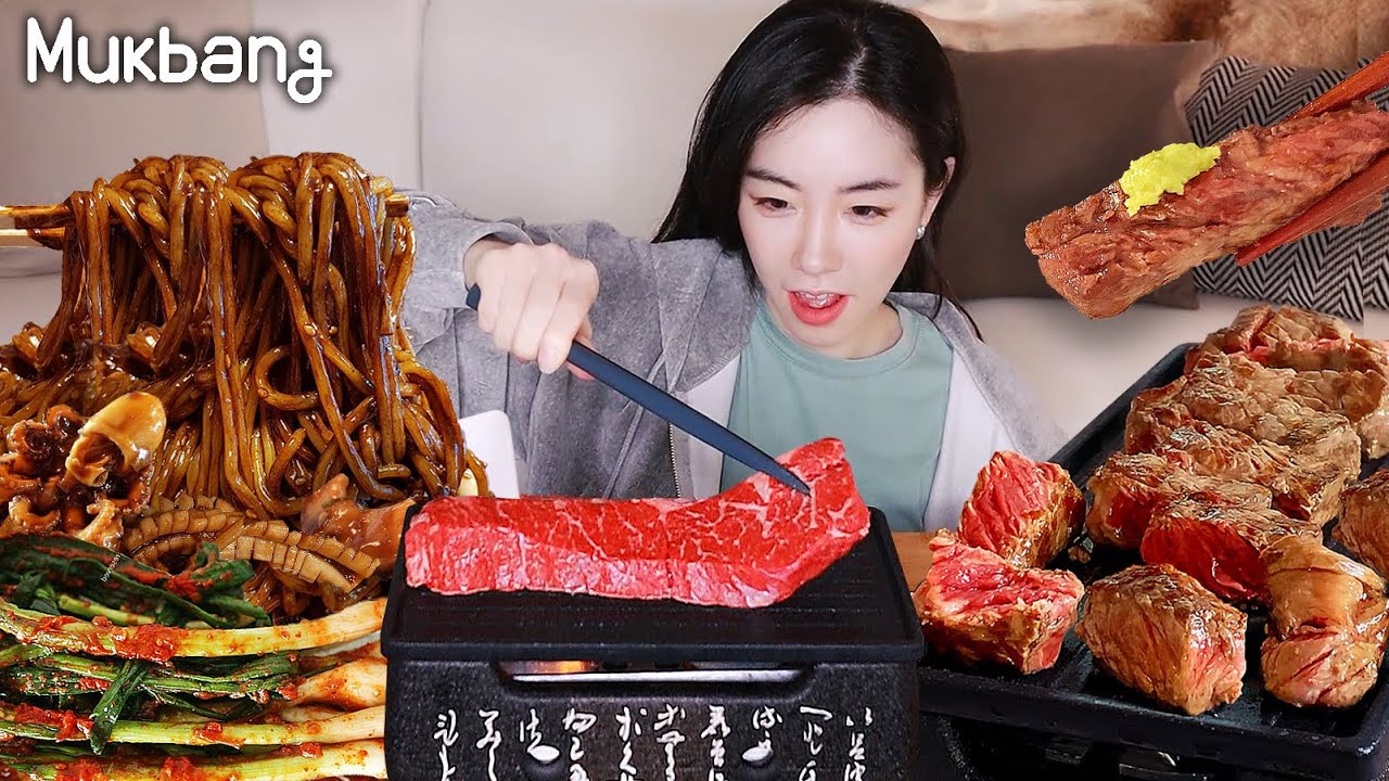 ✨Beef steak(Cunk flap tail)🥩and seafood  Jajangmyeon(Black bean noodles)mukbang