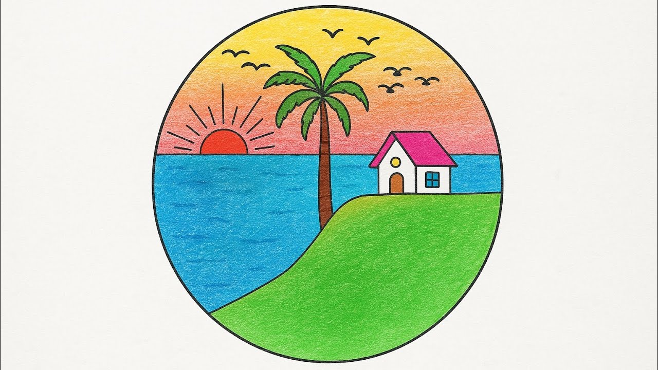 Scenery drawing step by step easy / beautiful circle scenery drawing ...