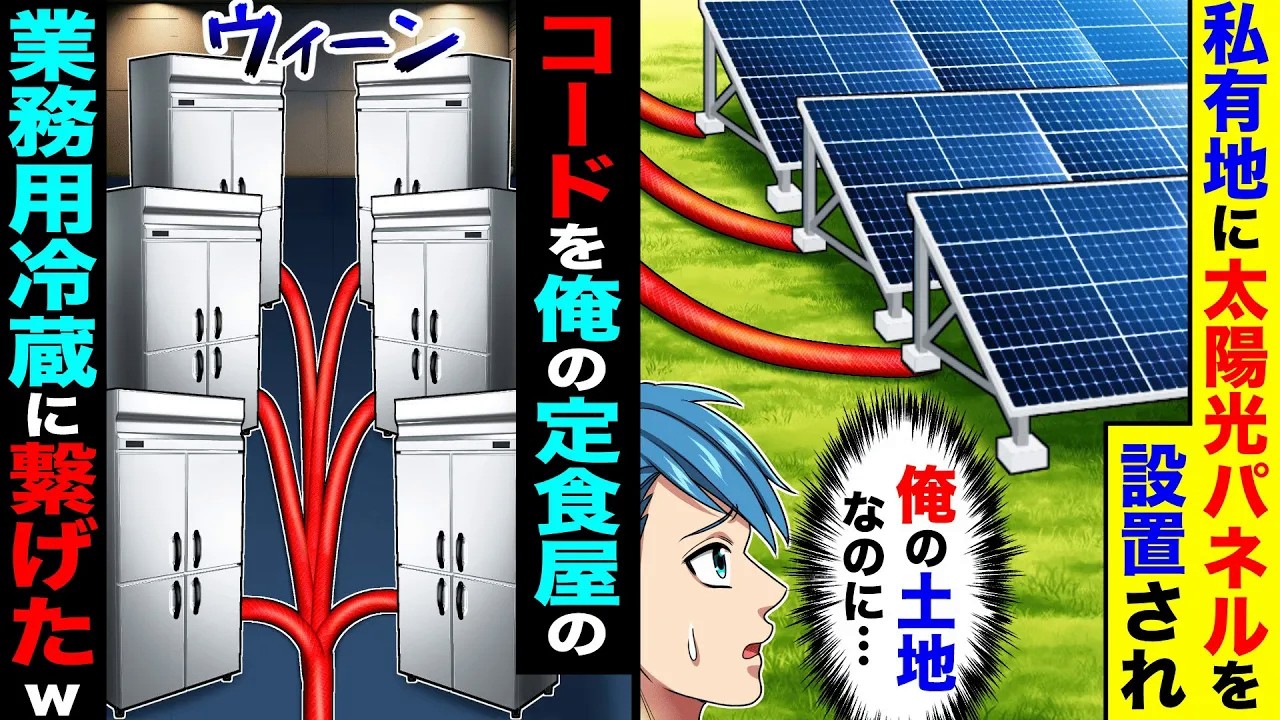 私有地に太陽光パネルが勝手に設置された→電気の配線コードを俺の定食屋の業務用冷蔵庫に繋げたら