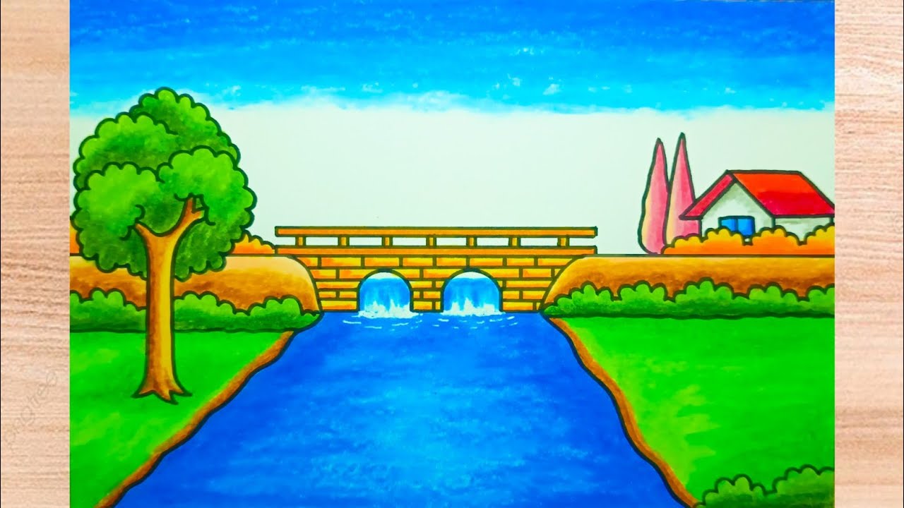How to Draw a Beautiful River Bridge and Waterfall Scenery | Very Easy ...