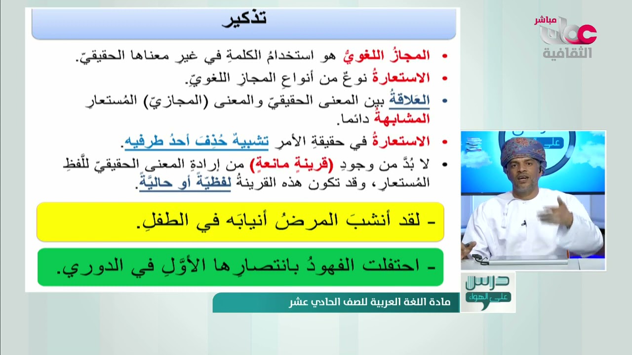 الاستعارة التصريحية والمكنية - محمود البلوشي - درس على الهواء - قناة عمان الثقافية