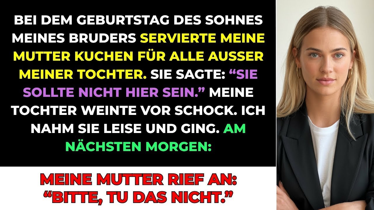 Auf der Geburtstagsfeier meines Neffen schnitt meine eigene Mutter den Kuchen an und gab jedem Kind ein Stück – außer meiner Tochter. Dann sagte sie vor allen Gästen: „Sie gehört nicht auf diese...