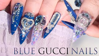 Cool Blue GUCCI Nails Neat full color and jewel nail art / ASMR