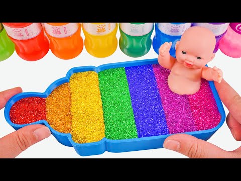 Satisfying Video l How to make Rainbow Slime Milk Bathtub in Mixing Skittles & Glitter Baby ASMR